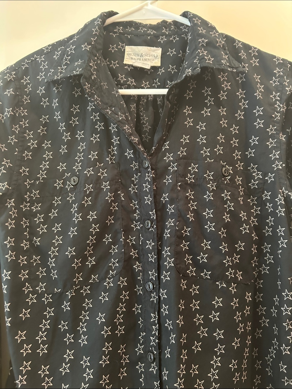 Denim & Supply Ralph Lauren Black Button Down Shirt White Open Star Print Size S